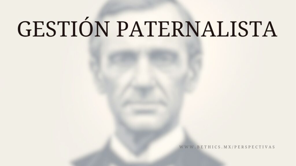 A blurred, monochromatic vintage portrait of a 19th-century man in a suit, overlaid with the bold text 'GESTIÓN PATERNALISTA' and a website link.